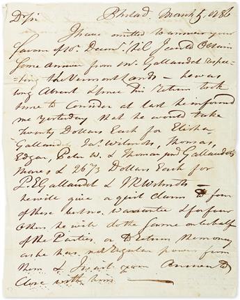 BIDDLE, CLEMENT. Autograph Letter Signed, to Dear Sir, describing the terms for the sale of lands in Vermont.